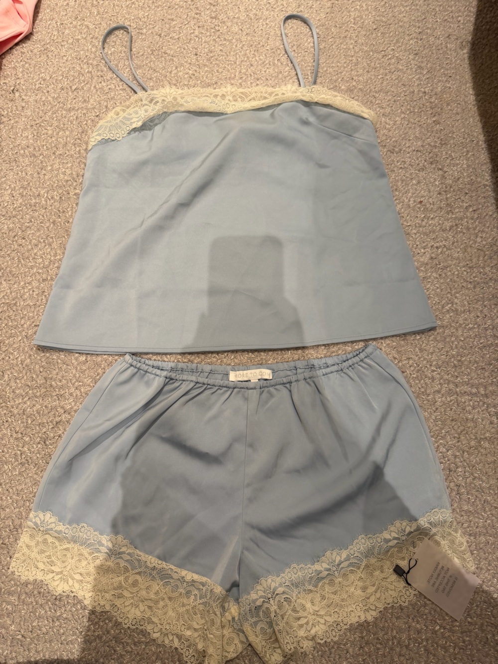 Light Blue Lace-Trim satin Pajama Cami & Shorts Set - Brand Unspecified